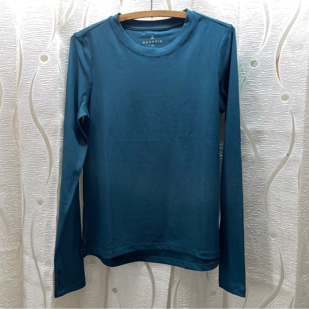 Danskin Ribbed Long Sleeve Top Women Small Teal Thumbholes Athleisure‎